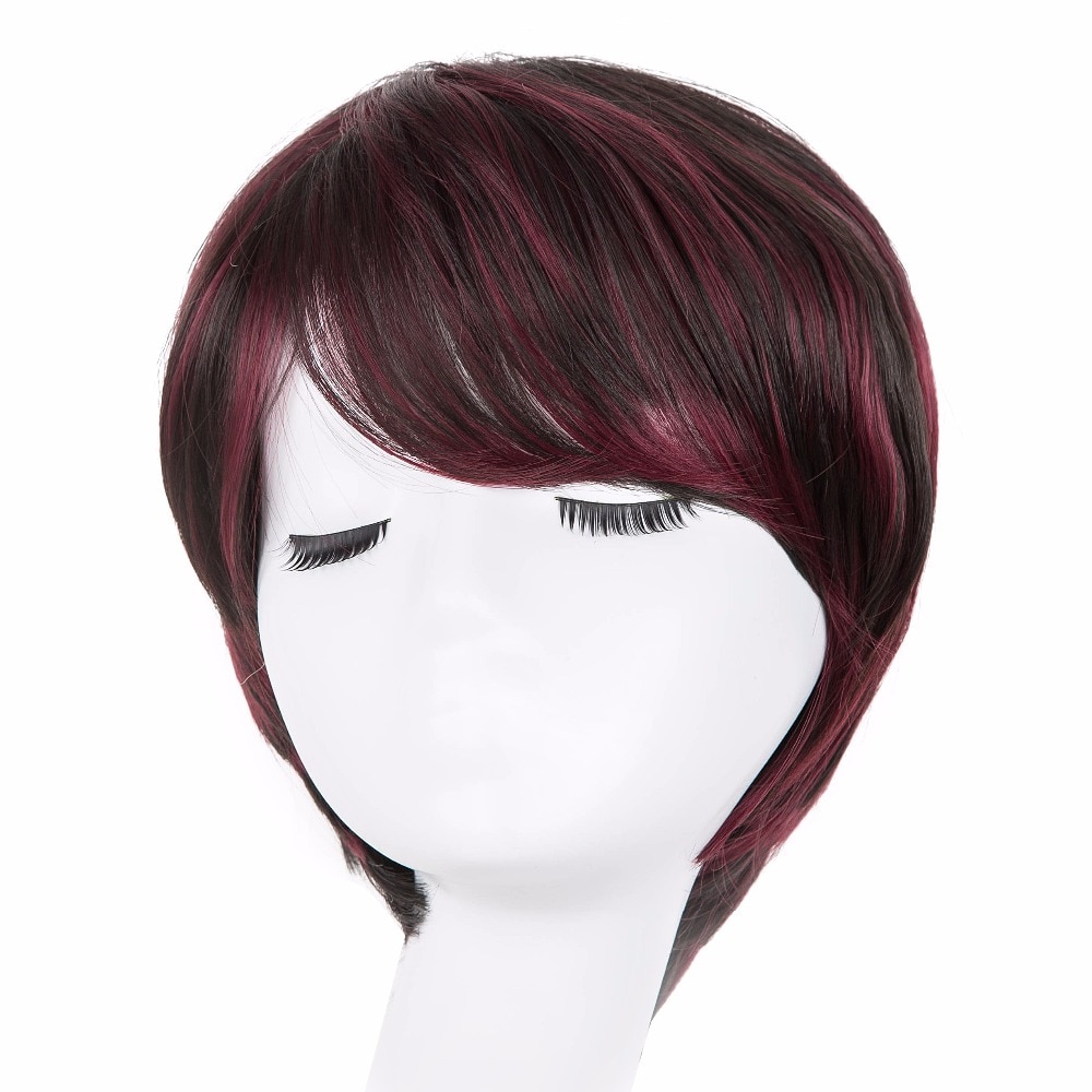 Black And Burgundy Wig Fei Show Synthetic Short Wavy Hair Heat Resistant Fiber Male Female 9288